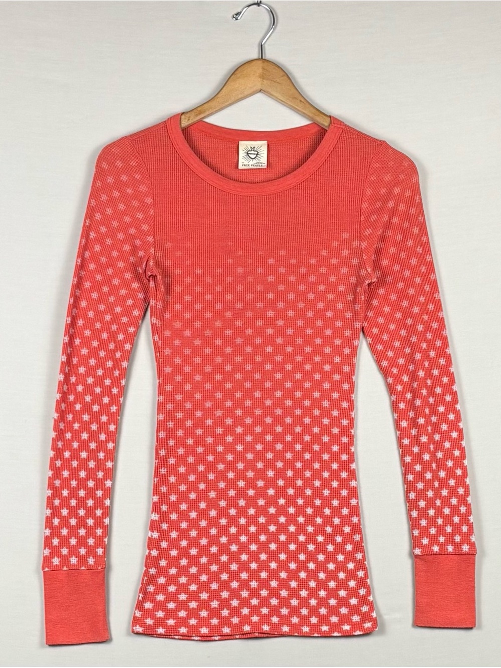 Free People Coral Red Waffle Thermal Long Sleeve Top White Print Fitted Boho